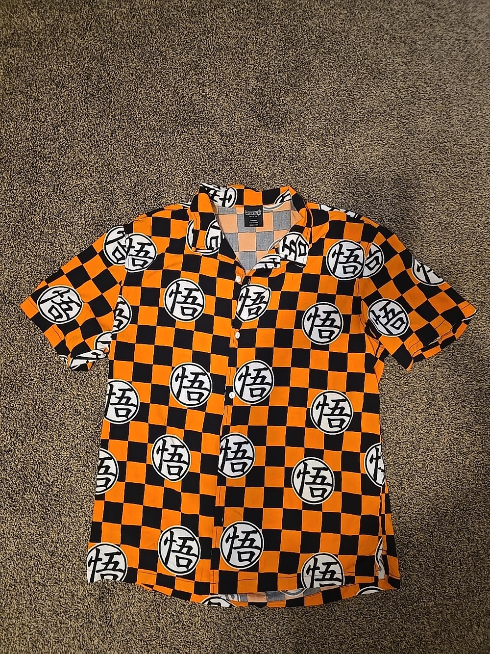 Dragon Ball Z Mens Shirt Large  Orange and Black Checker Short-Sleeve Shirt